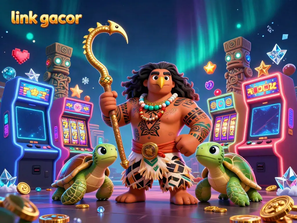 Experience thrilling jackpots with link gacor in this vibrant cartoon scene featuring a Polynesian demigod and arcade elements.