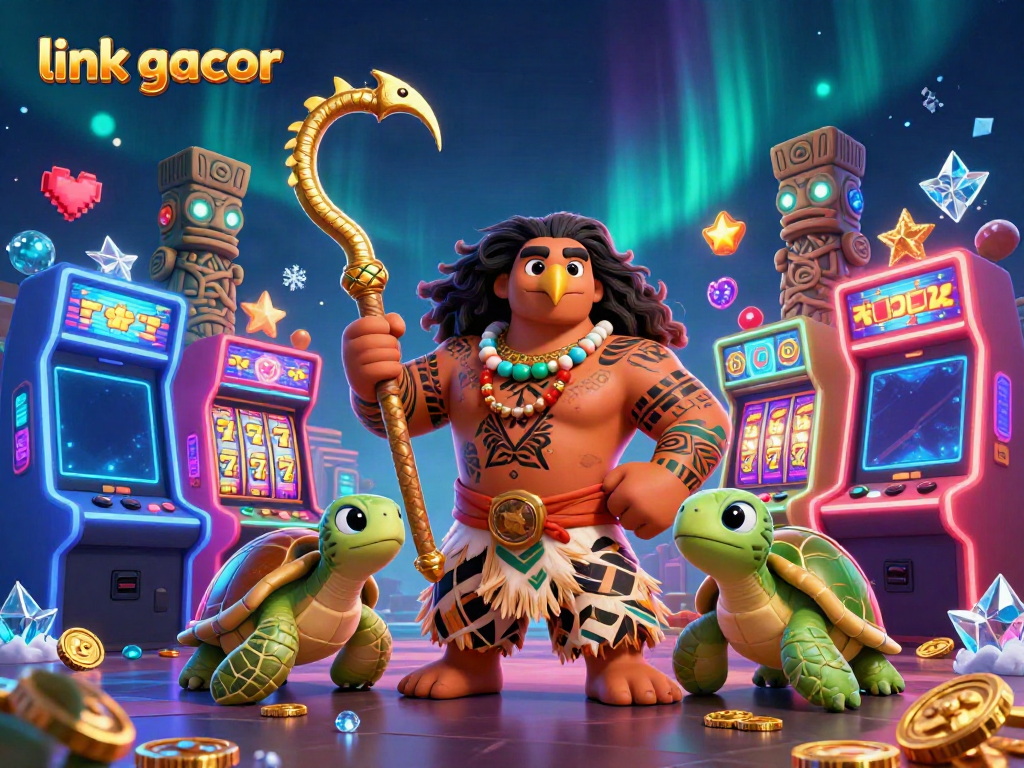 Experience thrilling jackpots with link gacor in this vibrant cartoon scene featuring a Polynesian demigod and arcade elements.
