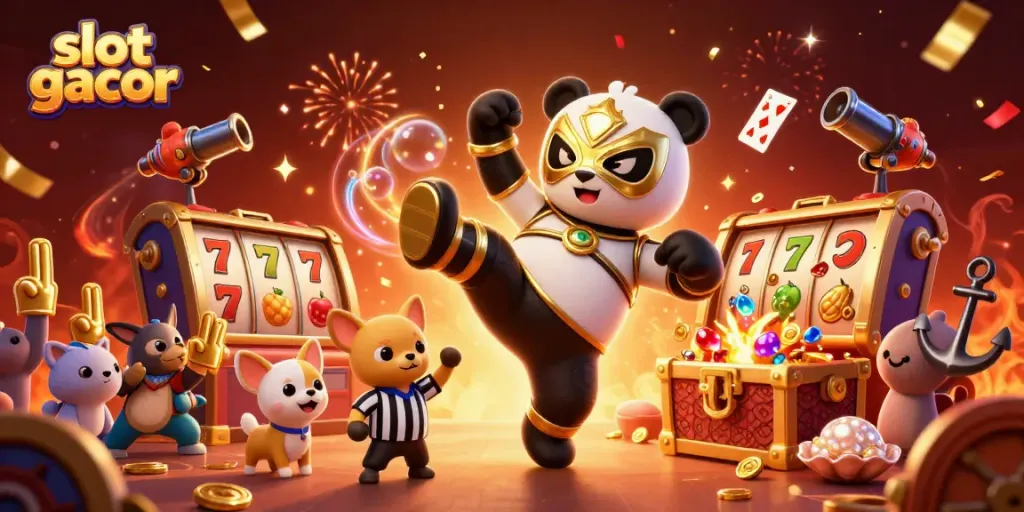 Experience the thrill of slot gacor with an energetic 3D scene featuring panda wrestler and casino elements.