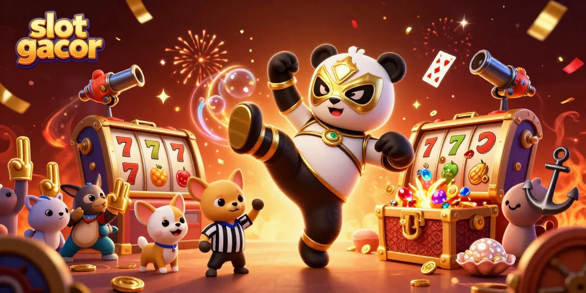 Experience the thrill of slot gacor with an energetic 3D scene featuring panda wrestler and casino elements.