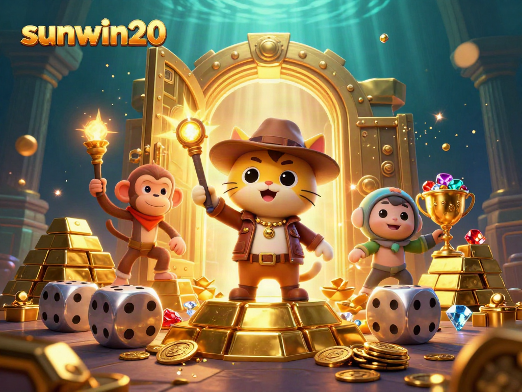 Experience the thrill of sunwin20 as our adventurers uncover golden casino treasures in a dynamic, vibrant scene.
