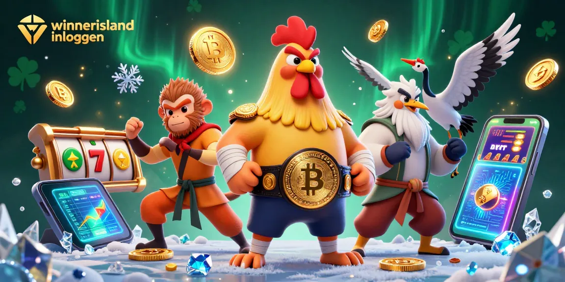 Engage in online action at WinnerIsland inloggen with vibrant casino game characters and crypto elements.