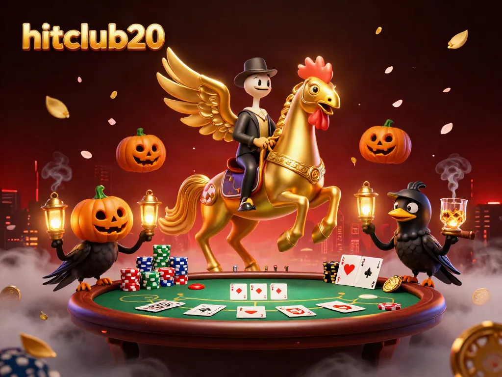 Experience hitclub20 in a vibrant casino scene with a golden rooster and poker elements.