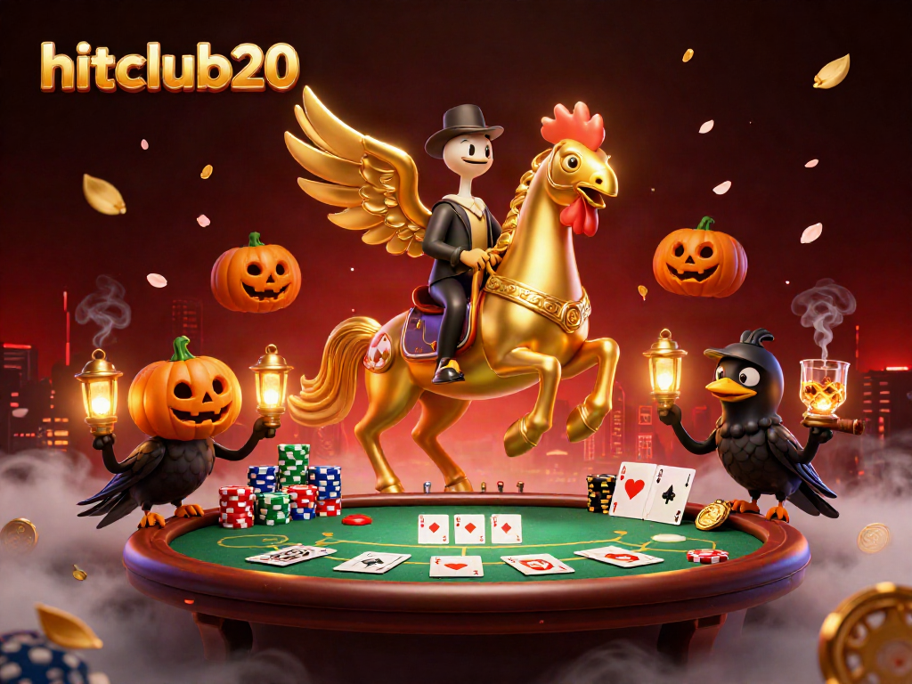 Experience hitclub20 in a vibrant casino scene with a golden rooster and poker elements.