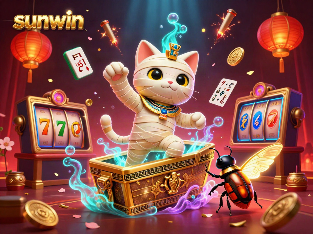 Experience excitement with sunwin in a vibrant 3D casino scene featuring a mummy cat and jackpot elements.