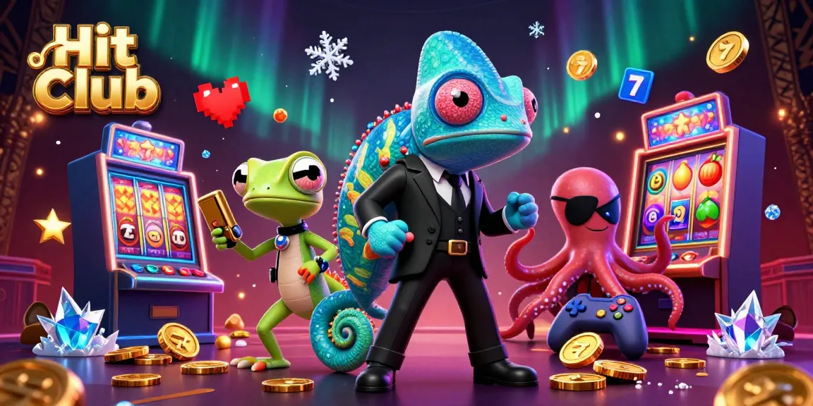 Engage with Hit Club's vibrant casino scene featuring colorful slots, a chameleon, and a gecko.