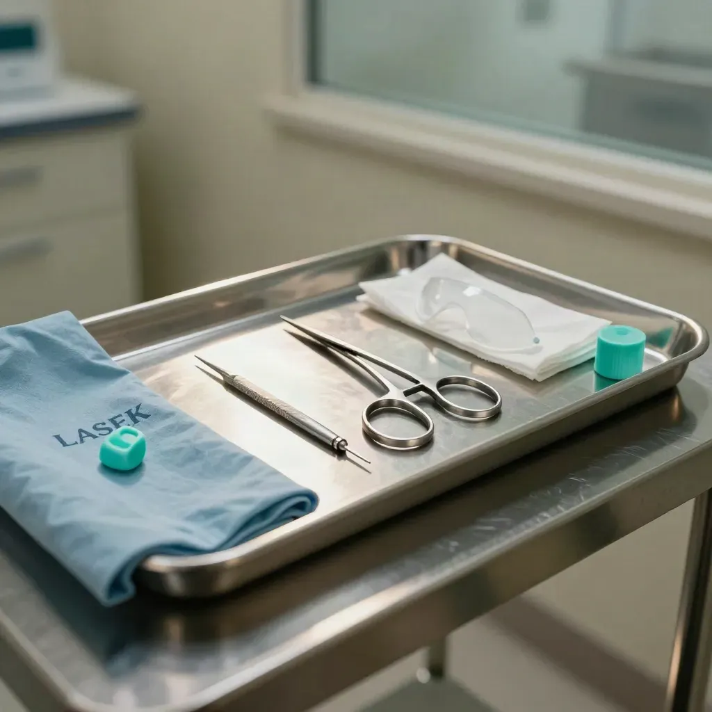 Steriele LASEK-tray met instrumenten, blauwe doek en oogschild op staal.