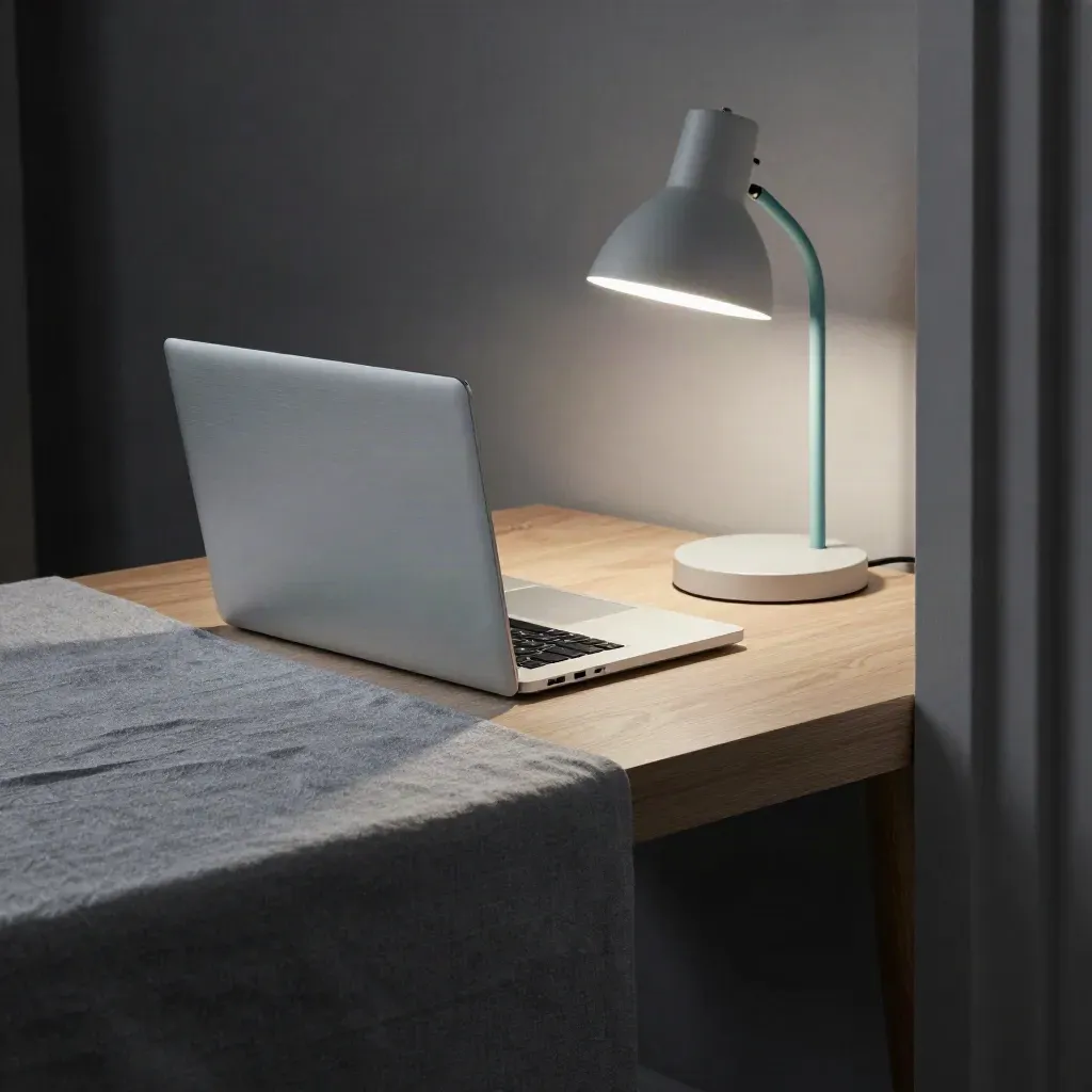 Opgeruimde thuiswerkhoek met gesloten laptop, rechtopstaand toetsenbord en daglamp, klaar voor werk.