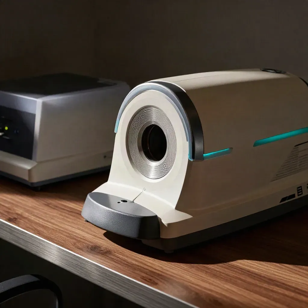 Corneamodule in een optiekruimte met turquoise ringlicht en dramatische schaduwen.
