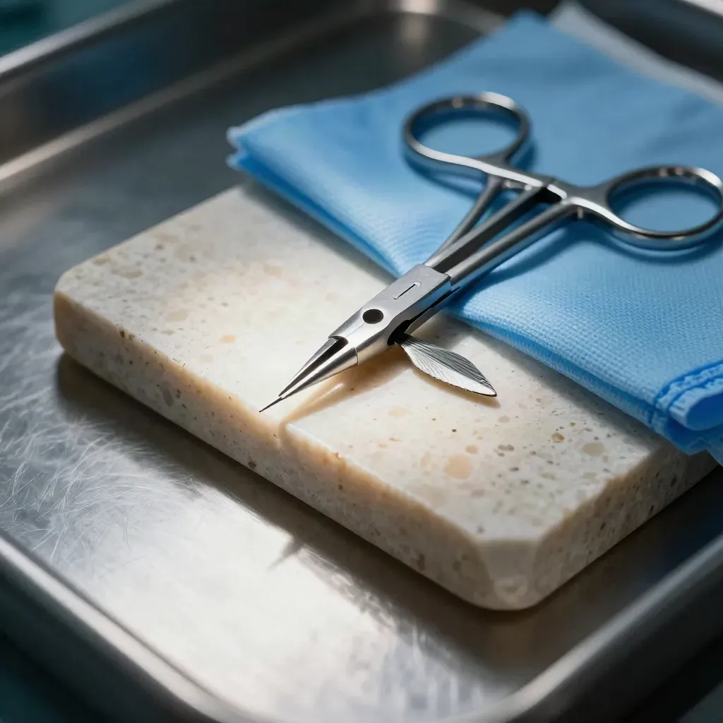 Microscopische oogheelkundige instrumenten op een steriele tray met blauw operatiedoek.