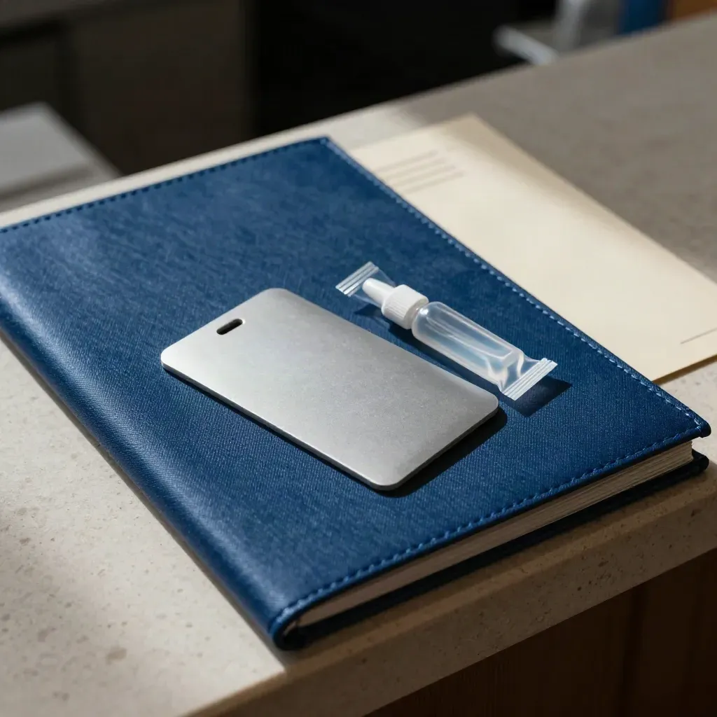 Welkomstkit van Ogen Laser met map, keycardsleeve en druppelverpakking op de balie.