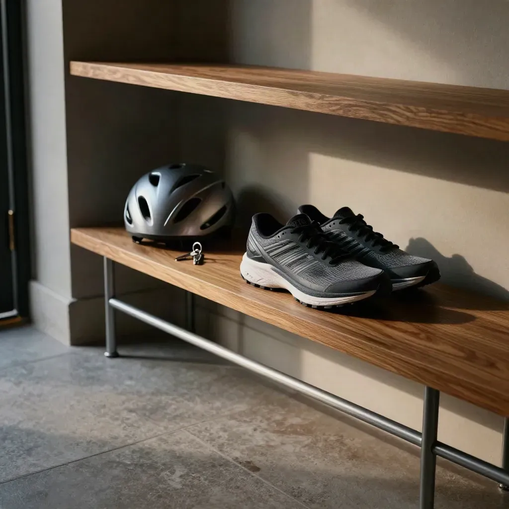 Entree met hardloopschoenen, fietshelm en sleutels in koel dawnlicht.