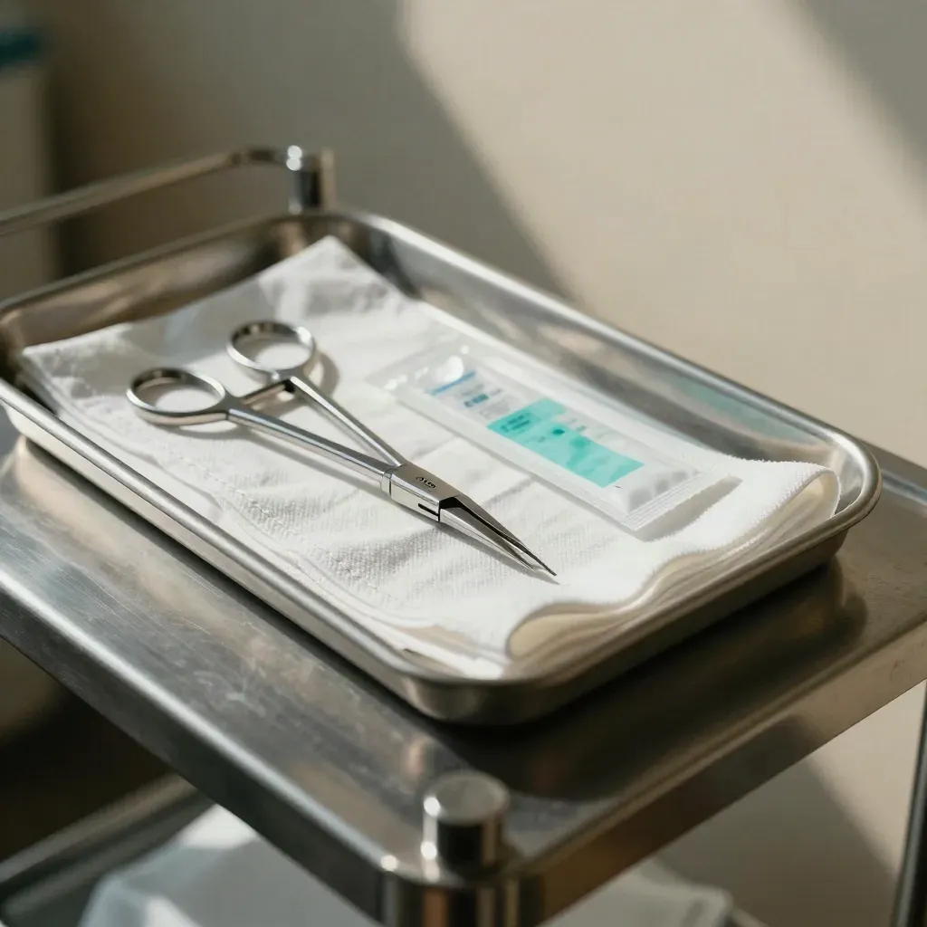 Open steriele tray met forceps, drape en oogbeschermer op een donkere prep-kar, zacht zijlicht.