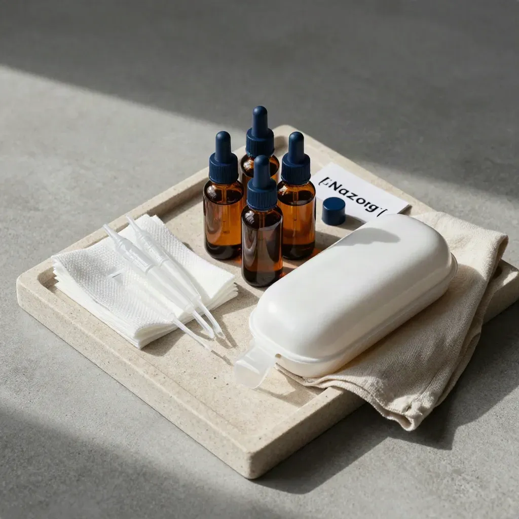 Nazorgset met druppelflesjes, zoutampullen, gaas en oogkap op een stenen tray.