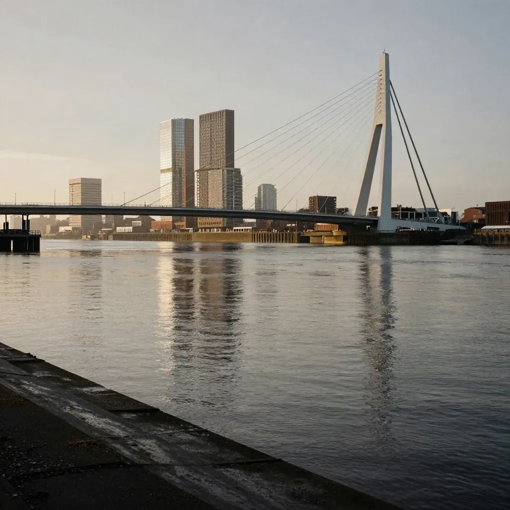 Rotterdamse skyline met de Erasmusbrug boven rustig water in zacht avondlicht.