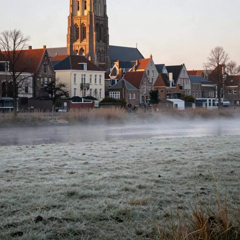 Utrecht met de Domtoren hoog in beeld boven mistige rivierweiden bij zonsopkomst.