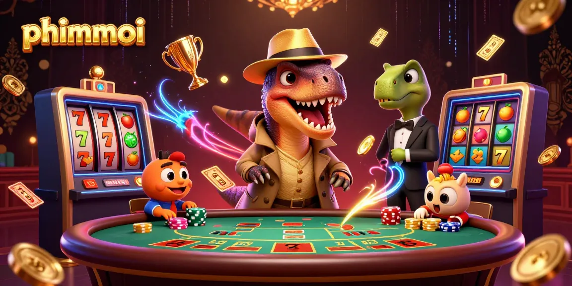 Experience phimmoi as a cartoon velociraptor card counter interacts with casino elements and characters.