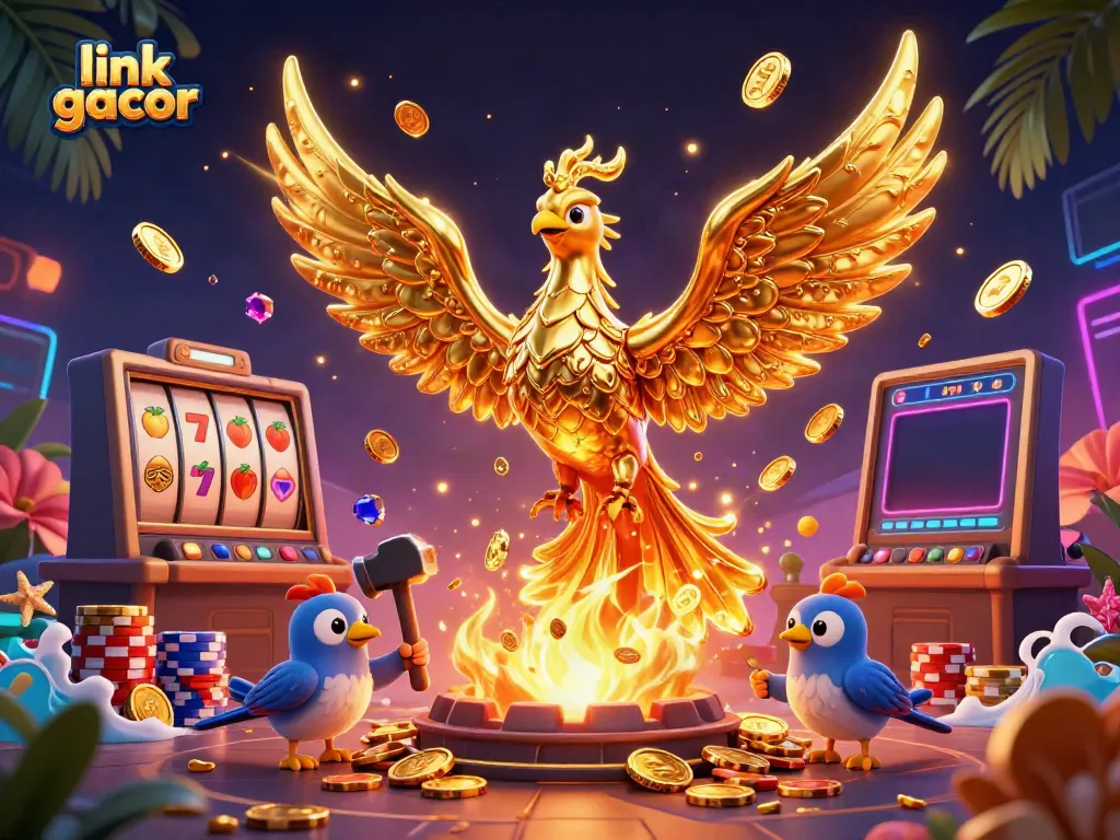 Experience thrilling gameplay with link gacor, featuring a golden phoenix and dynamic slot elements in an exciting casino scene.