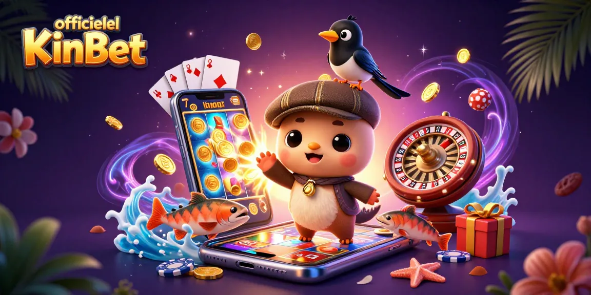 Join the official KinBet adventure with playful Nessie amid vibrant casino elements.