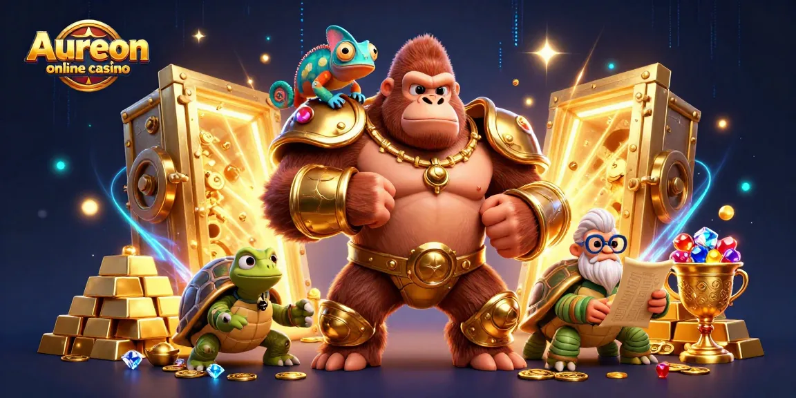 Aureon online casino features a dynamic scene with a gorilla king, chameleon companion, and tortoise elder amid dazzling treasures.